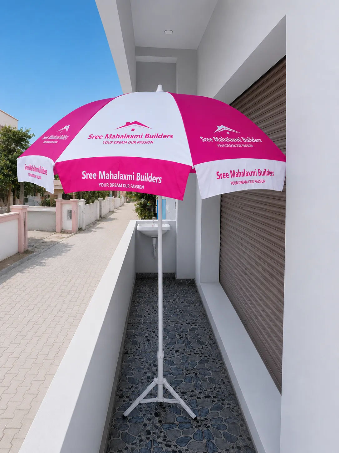 Promotional umbrella on modern balcony